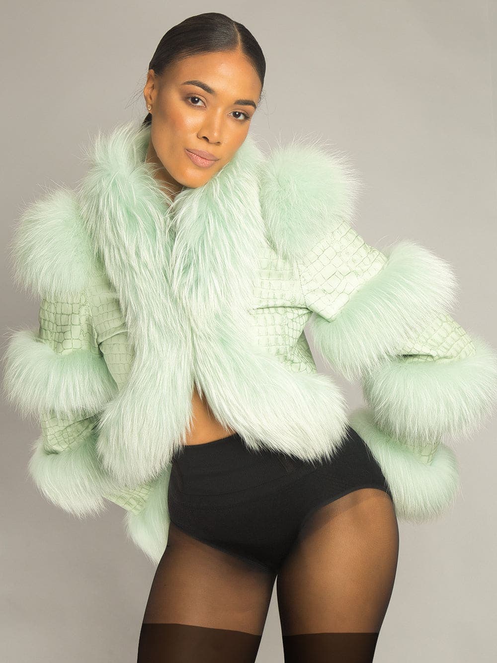 LITALY Fur Trim Leather Jacket in Light Green thumbnail 3