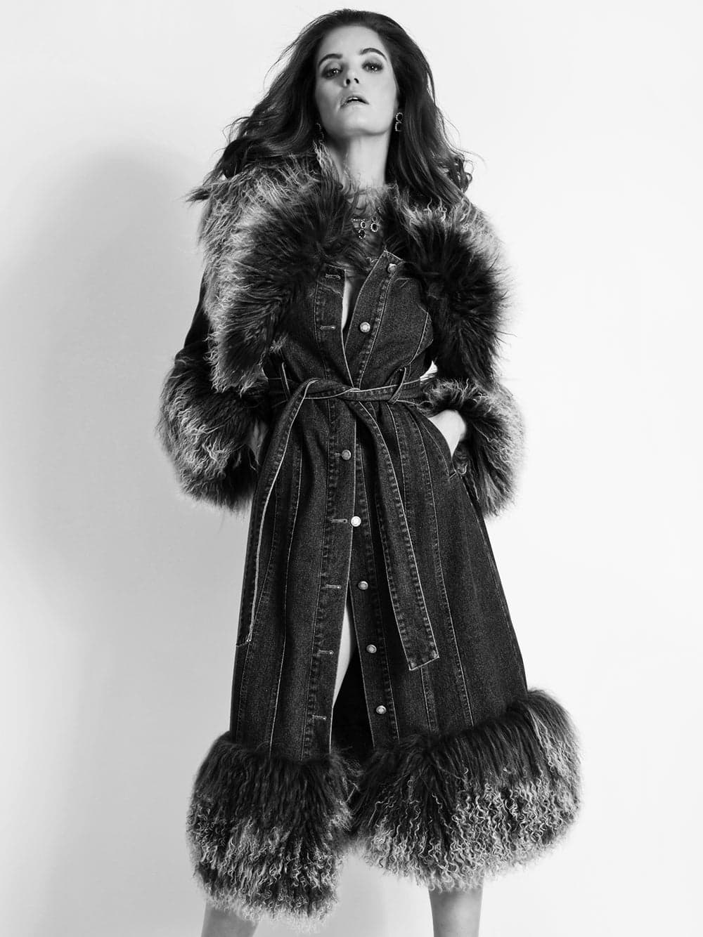 MEDUSA Denim Coat w/ Shearling Fur in Black thumbnail 3