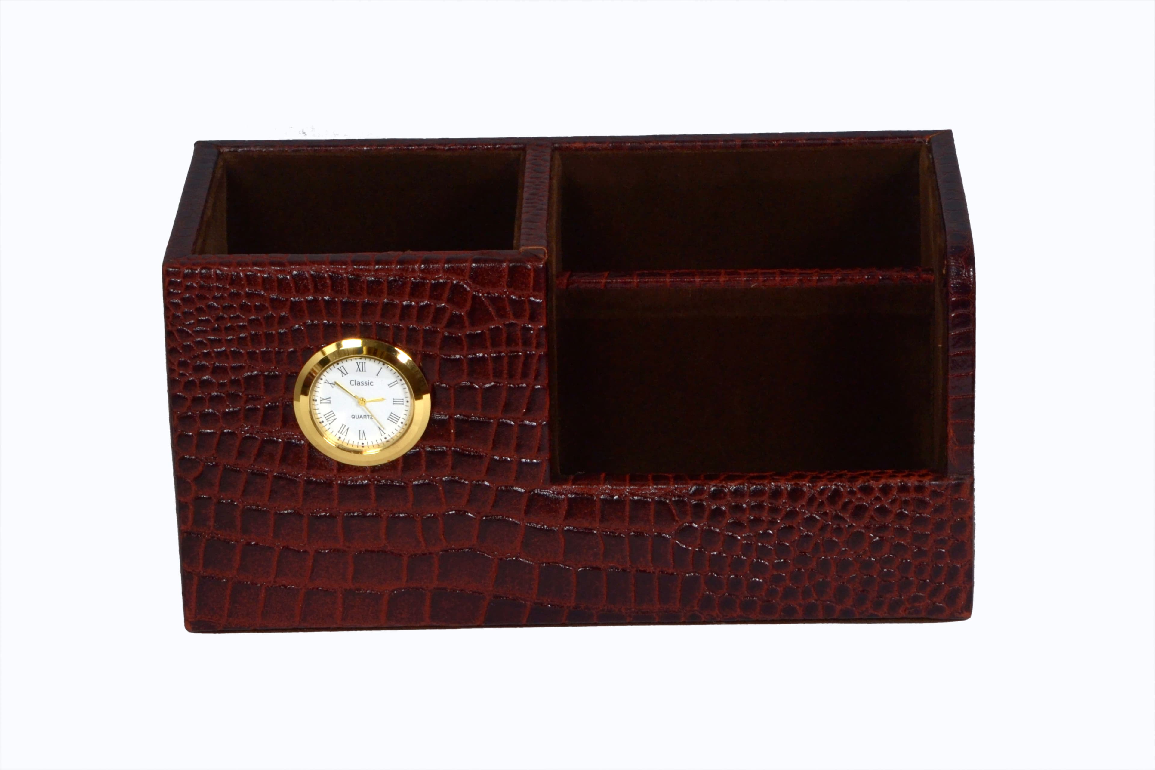 ZINT Brown Pure Leather Croco Print 3 Compartment Clock Pen Stand-Cum-Paper Slip Holder Office Organizer