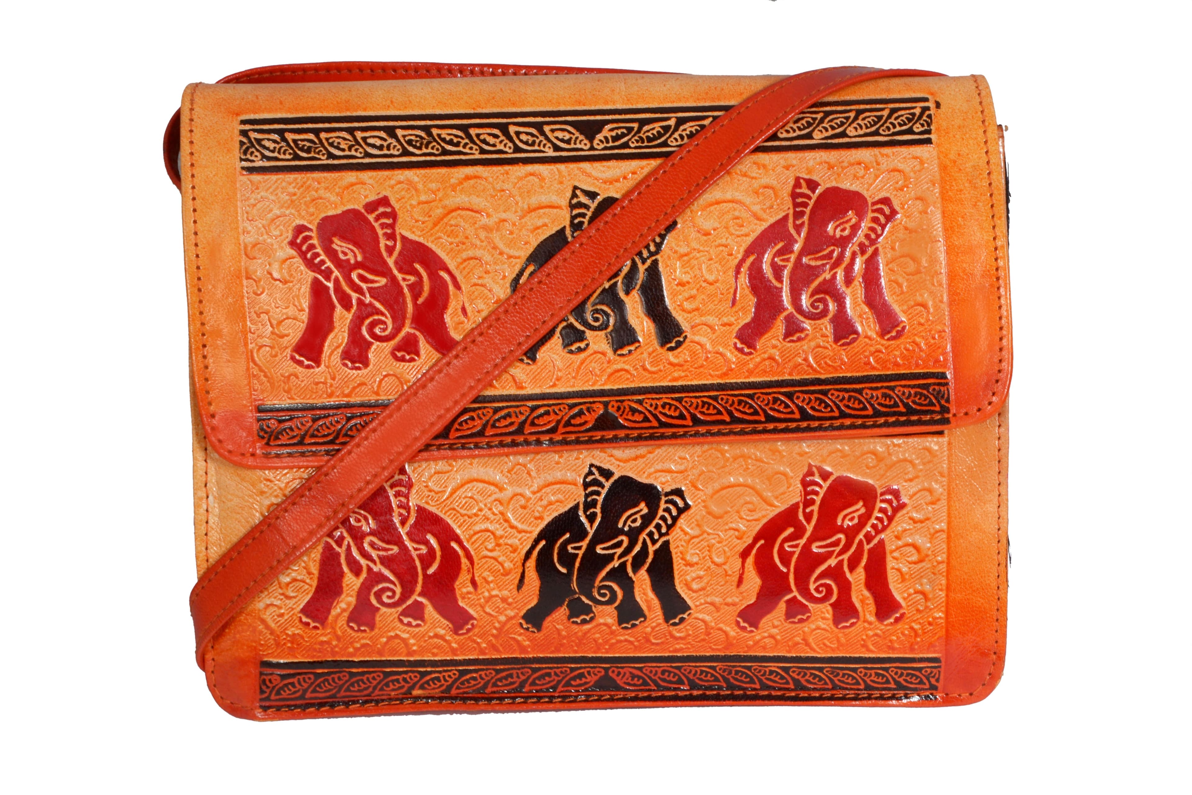 ZINT Hand Tooled Painted Small Shantiniketan Genuine Leather Tribal Ethnic Boho Crossbody Bag Purse Vintage Elephant Bag