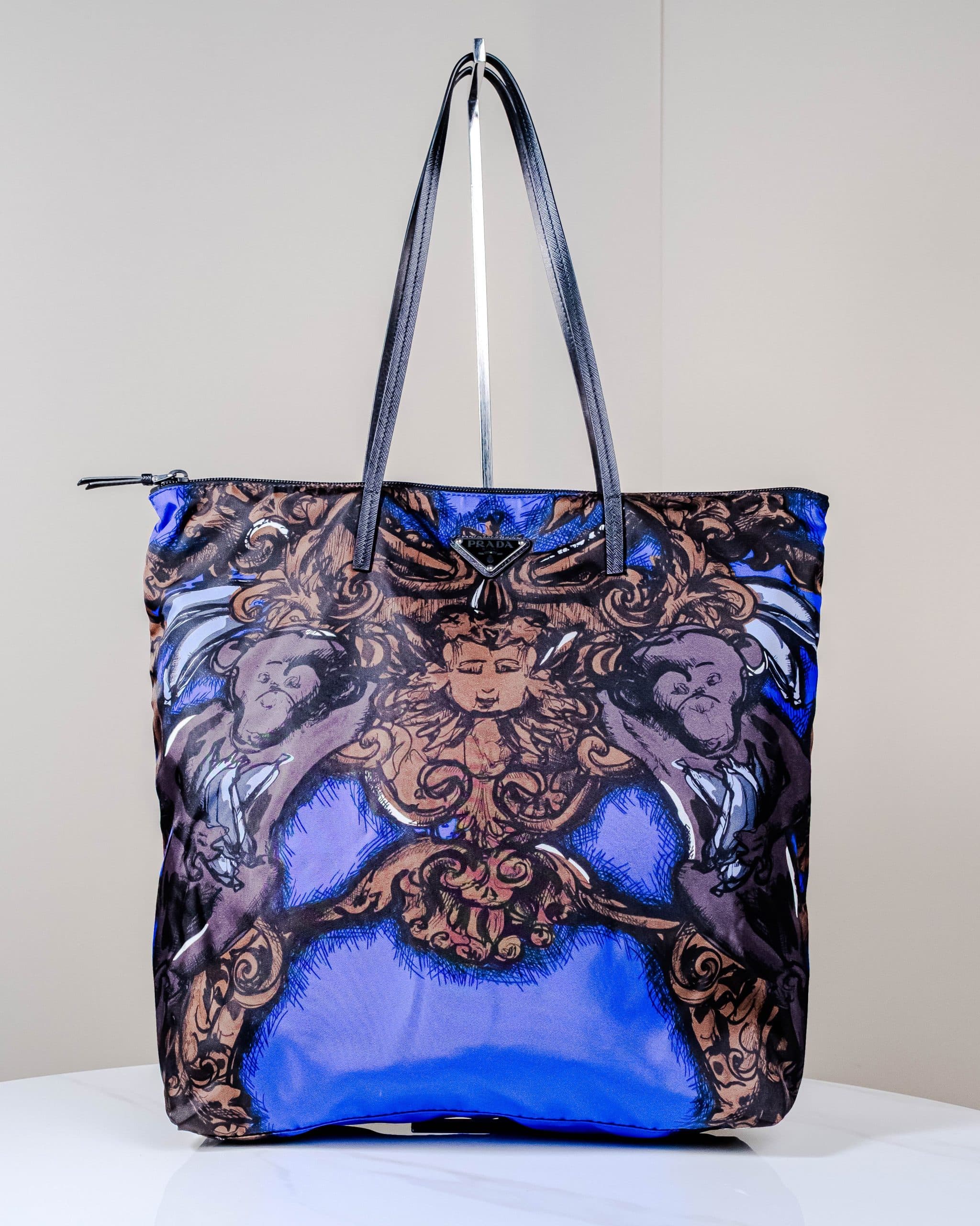 Borsa Shopping Prada in nylon con stampa nera e indaco