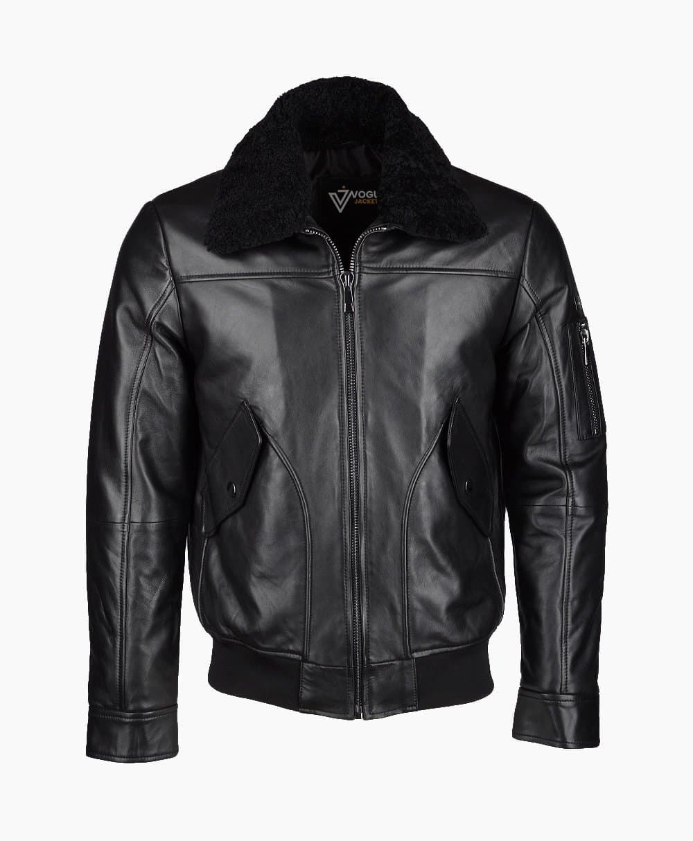 Leather Jacket Shearling Collar Black Buffalo