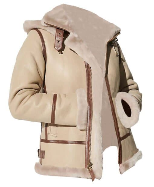Alicia Beige Shearling Fur Hooded Leather Jacket