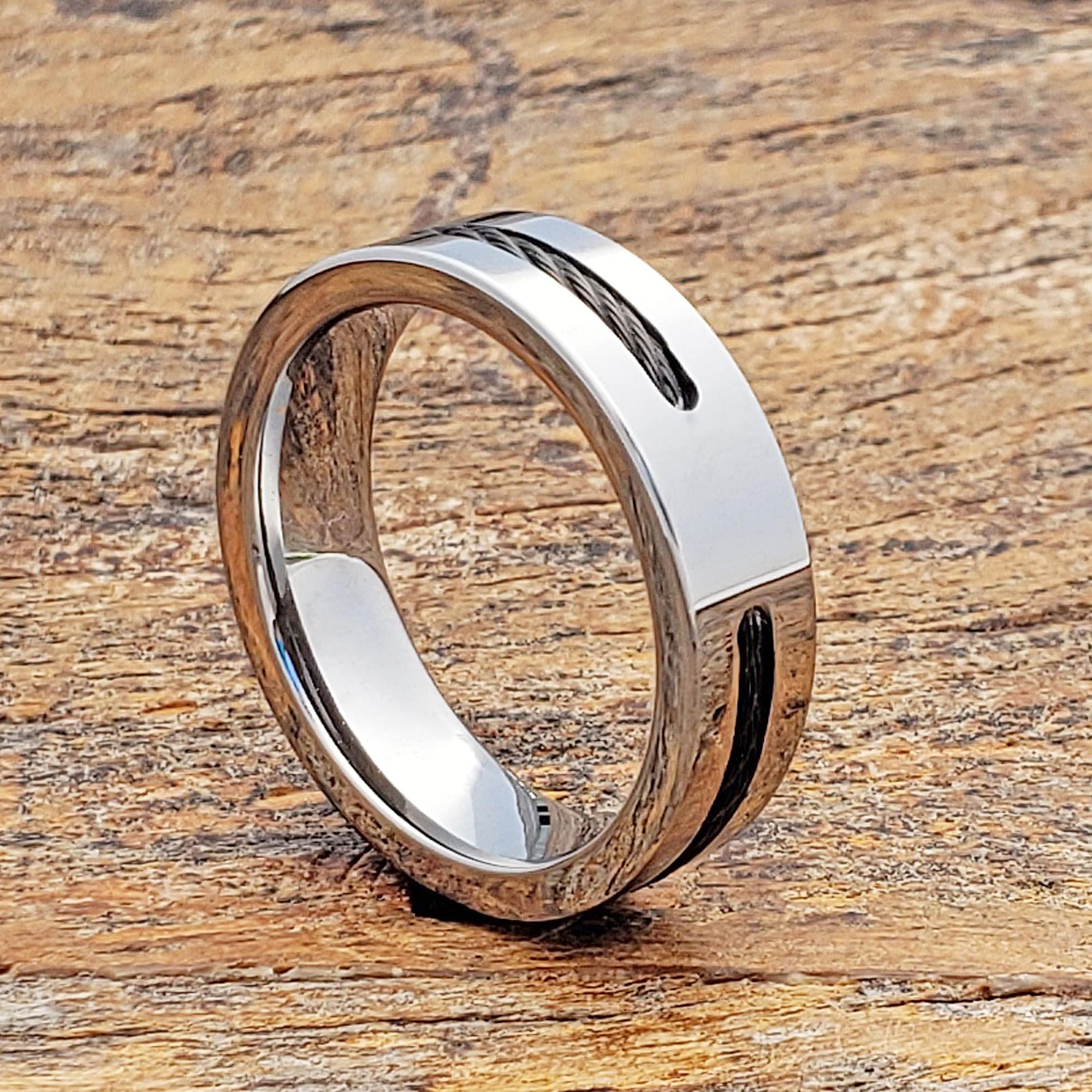 Corvus Mens Black Steel Cable Inlay Rings