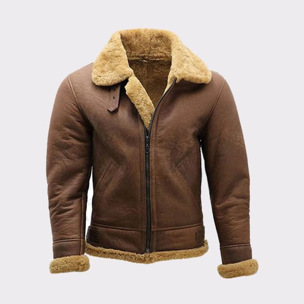 Men’s Brown B3 Sheepskin WW2 Shearling Leather Bomber Jacket